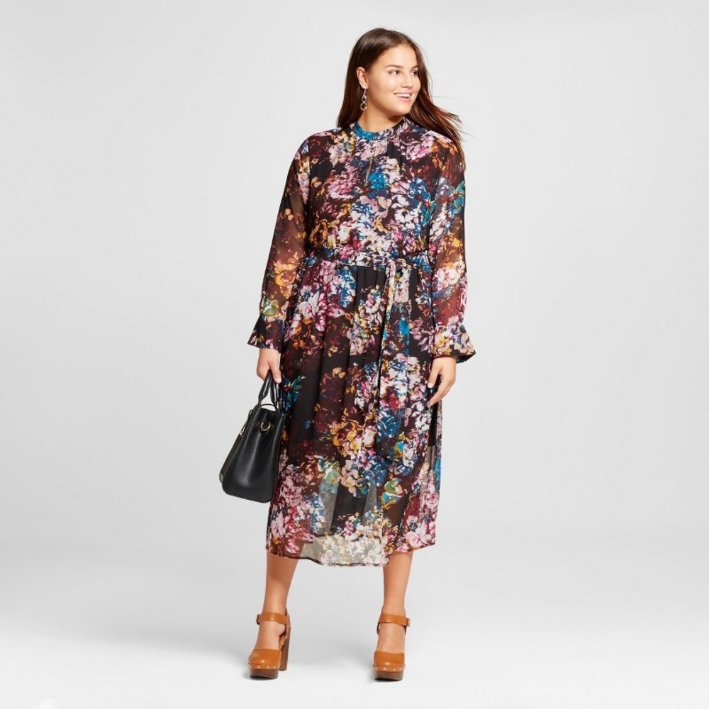 Who What Wear Black & Burgundy Dark Floral Printed Long Sleeve Midi Dress L - Picture 3 of 12